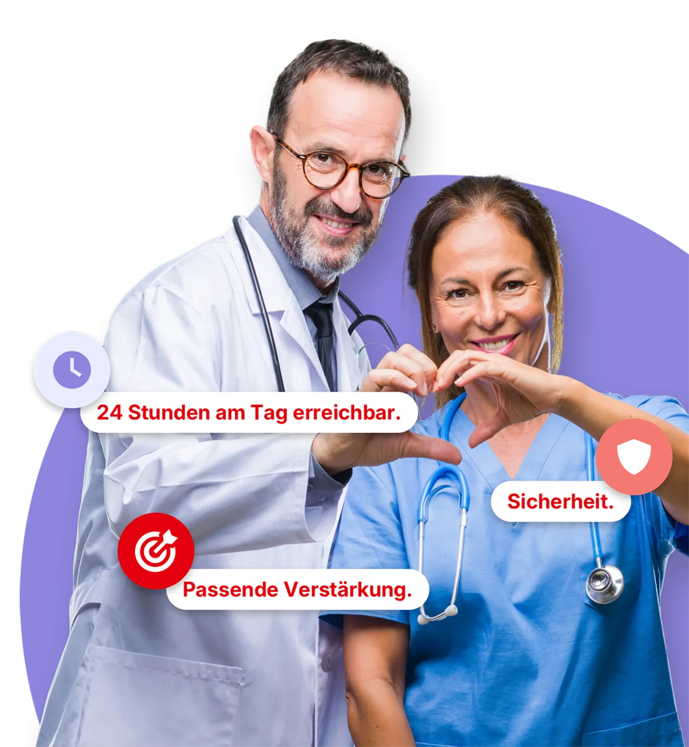 Arzt und Pflegerin formen Herz mit Händen