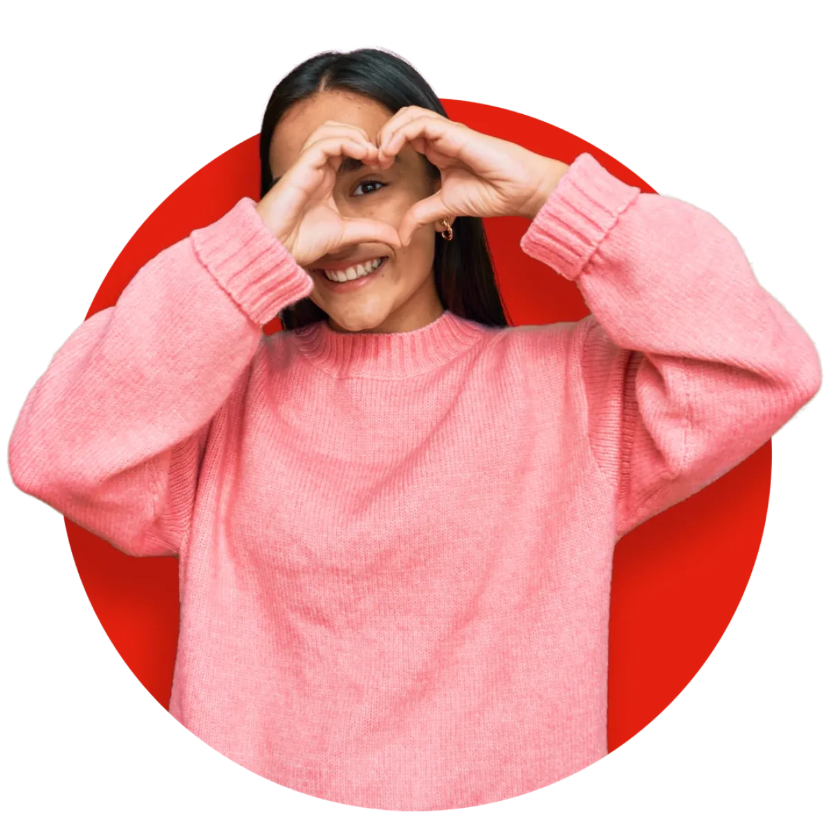 Mensch formt mit den Händen ein Herz über dem Auge.