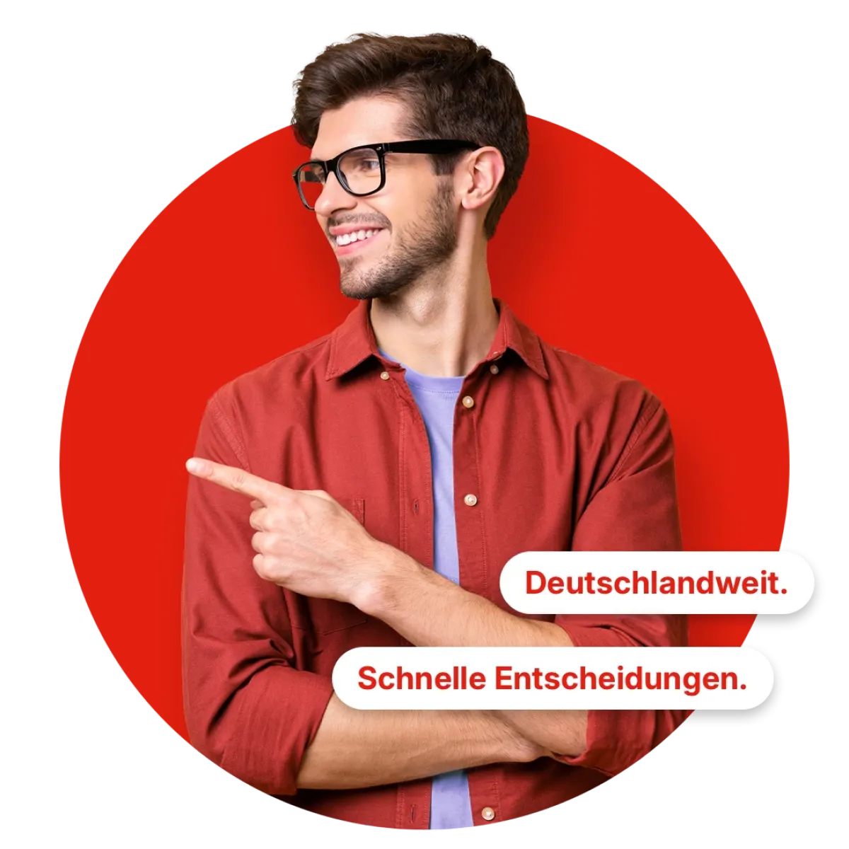 Mensch mit Brille zeigt mit dem Finger nach links